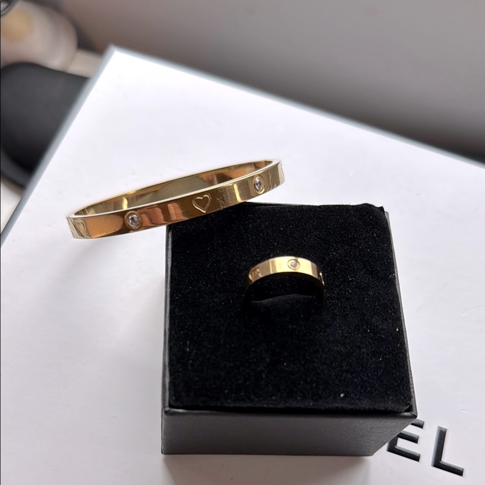 Stainless Steel Gold Plated Bracelet Ring Set with Heart & Crystal Size 5